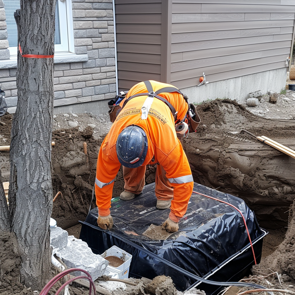 Septic service man installing a new septic tnak